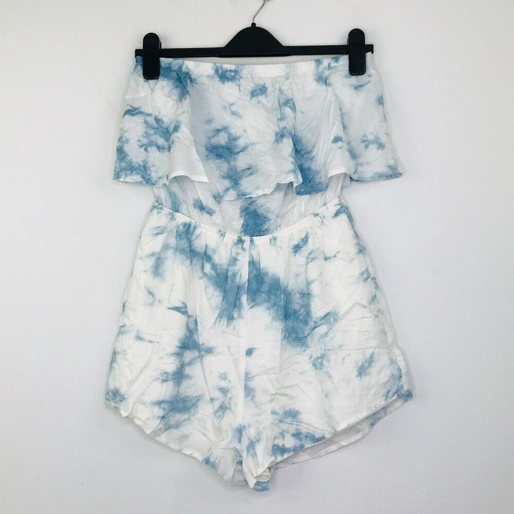 Le Lis Women's S Romper Blue White Tie-Dye Sleeveless Strapless Ruffle NWT BW26